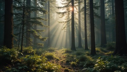 Obraz premium Detailed Coniferous Forest with Morning Dew Photorealistic Style