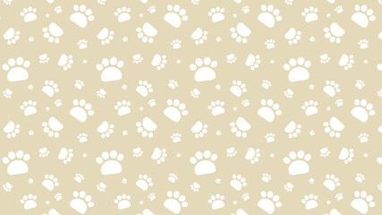 Seamless white paw print pattern on beige background. Cute dog and cat footprints, ideal for pet-themed designs, kids' textiles, wrapping paper, nursery decor, and animal-related creative projects