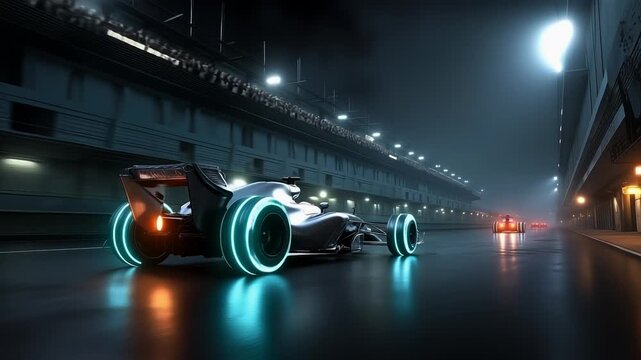 A futuristic race car driving down a race track at night