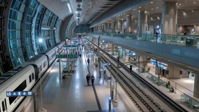 A train traveling through an airport terminal with people walking around