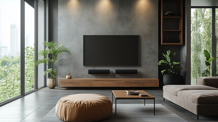 A modern living room with a large window and a comfortable sofa