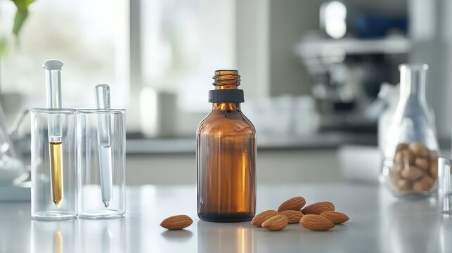 Brown Glass Bottle with Almonds and Lab Equipment for Skin Care