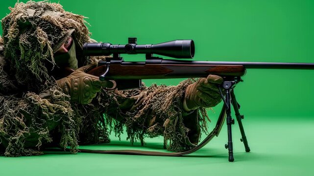 Man in ghillie suit aiming large rifle on green screen, military sniper in camouflage gear ready to fire footage.