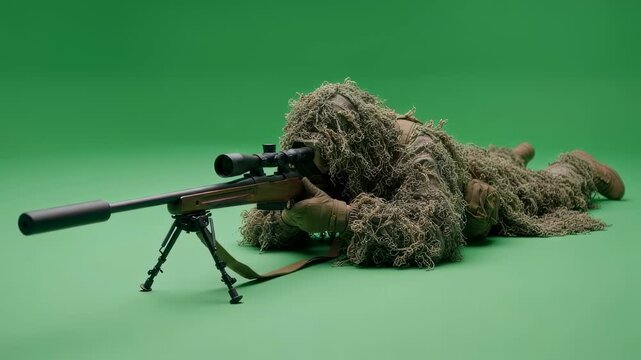 Man in ghillie suit aiming sniper rifle on green screen chroma key background, military and special forces training footage.