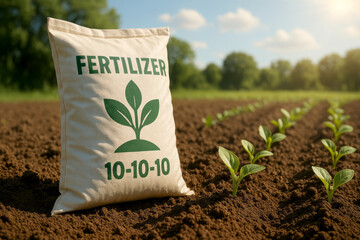 Fertilizer Bag in a Field with Young Plants