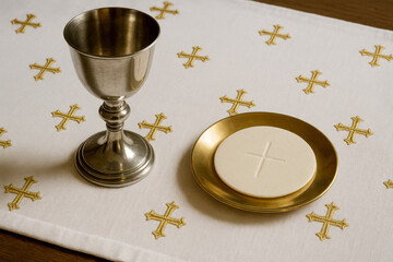 Eucharist Elements: Chalice and Host on Altar Cloth