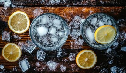 Refreshing drinks with ice and lemon slices on a rustic wooden surface