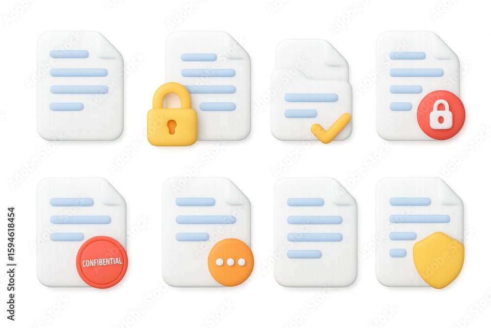 Poster 3d document icons set with security and privacy elements
