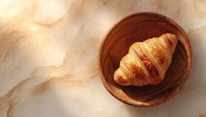 Golden croissant in wooden bowl on marble (2)