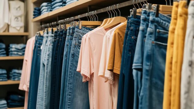 Clothing store interior showcases a rail of denim jeans and t-shirts on wooden hangers. Folded jeans line a shelf. Color palette leans towards blues and pastels