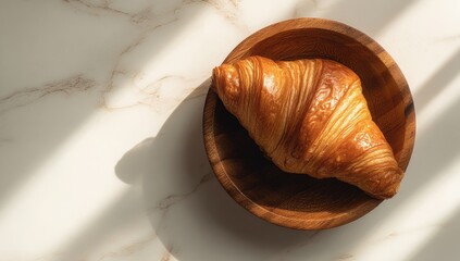 Golden croissant in wooden bowl on marble (1)