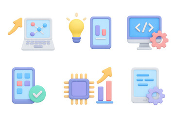 Modern 3d icons for technology and business: devices, tools, and ideas