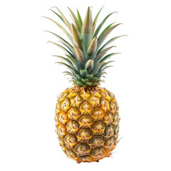 Whole ripe pineapple, vibrant yellow skin, sharp green leaves