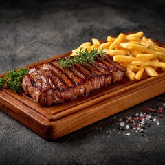 Grilled steak with french fries on a wooden board