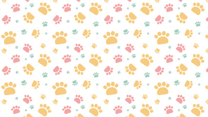 Seamless colorful paw print vector background. Cute pet footprints in yellow, pink, and teal. Adorable pattern for kids and pets