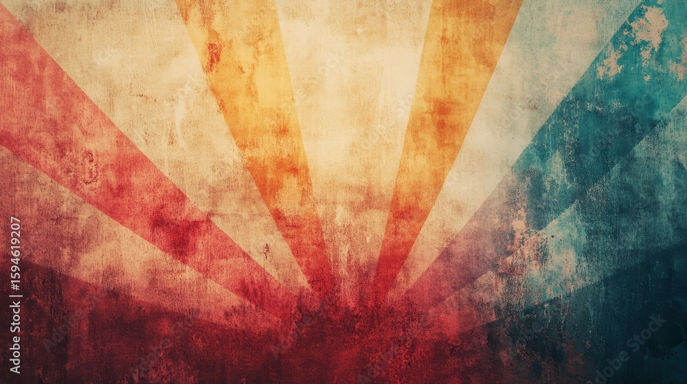 Poster abstract grunge background with radiating colorful rays and textured surface.