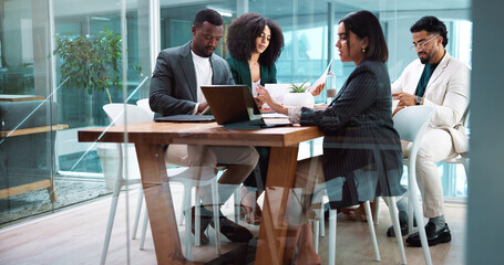 Business people, team and collaboration with idea in office, insurance proposal or paper. Manager,...