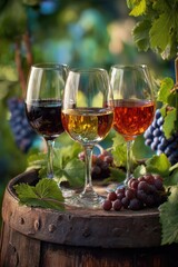 Three wine glasses filled with different colored wine, resting on an aged wooden barrel amongst bunches of grapes