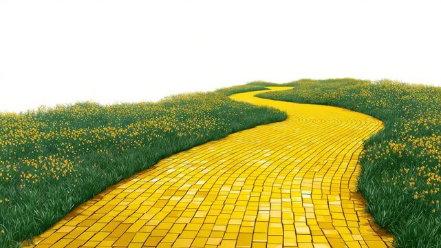 Winding Yellow Brick Road Through Green Landscape