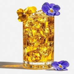 Iced drink in a glass, garnished with flowers