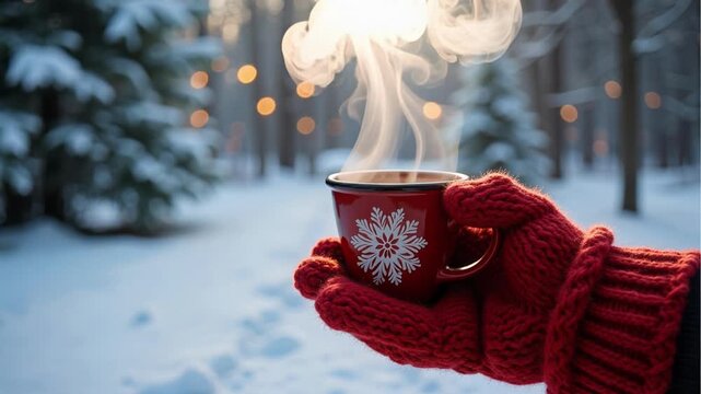 A red mitten warmly holds a steaming snowflake mug amidst softly glowing winter lights and blurred snowy trees, creating a cozy holiday feeling.