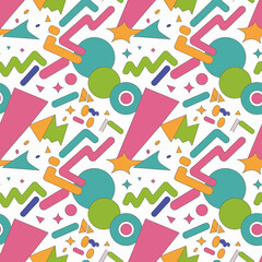 Seamless Retro Memphis Pattern with Colorful Abstract Geometric Shapes