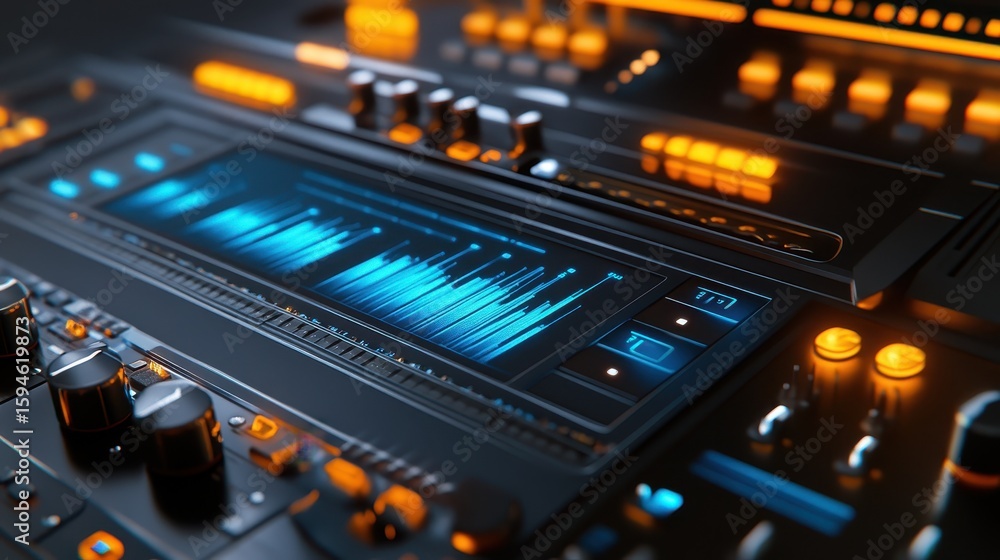 Poster modern audio mixing console with waveform display and control knobs