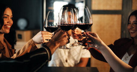 Happy people, night and wine glasses with cheers for social event or get together in restaurant....