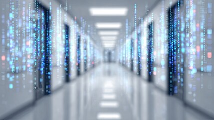 Empty corridor with digital code display on walls.