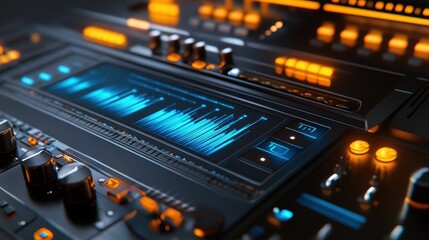 Modern Audio Mixing Console with Waveform Display and Control Knobs
