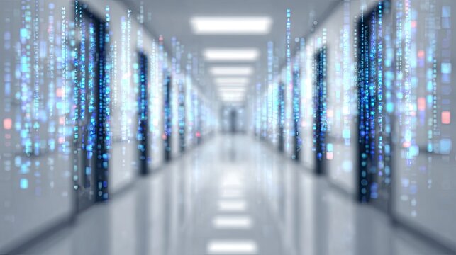 Empty corridor with digital code display on walls.