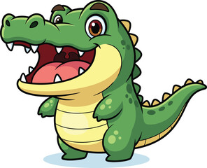 Cute cartoon crocodile character, green smiling alligator illustration, playful reptile mascot, children's artwork, animal design, fun, digital drawing