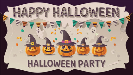 Happy halloween party with pumpkins wearing hats and ghosts on a decorative paper background design