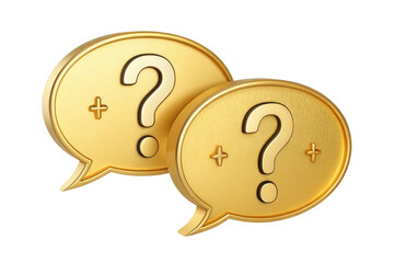 Two golden speech bubbles with question marks and sparkles isolated on transparent background