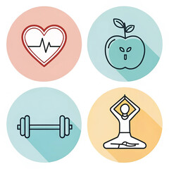 Four circular icons depicting health and wellness symbols heart apple dumbbell yoga image