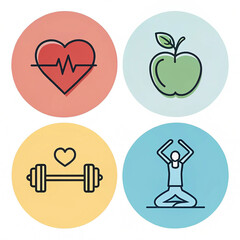 Four circular icons featuring health and wellness symbols in pastel colors heart electrocardiogram