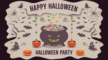 Naklejka premium Illustration of a halloween party scene with cauldron, bats, ghosts and pumpkins displayed