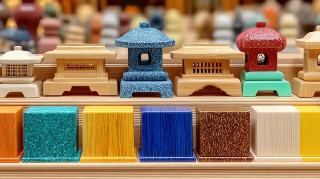 Collection Of Decorative Japanese Lanterns And Colorful Geometric Bases Displayed