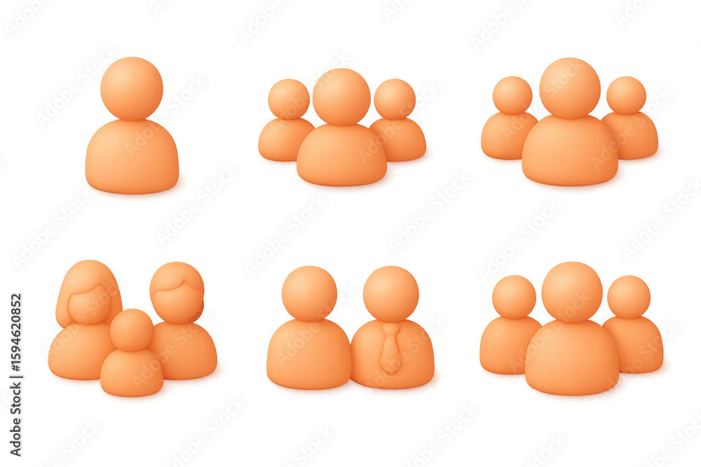 Poster set of 3d abstract orange figures in various group arrangements