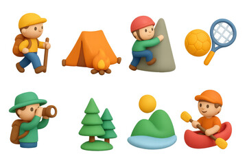 Fototapeta premium 3d cartoon adventure activities: hiking, camping, climbing, kayaking, exploring