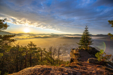 Landscape at sunrise with fog in the valley. View from a cliff in the morning. Beautiful Christmas...