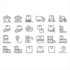 Line art icons depicting logistics, warehousing, and transportation