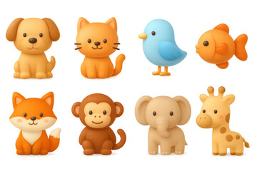 Cute 3d animal icons: dog, cat, bird, fish, fox, monkey, elephant, giraffe for kids