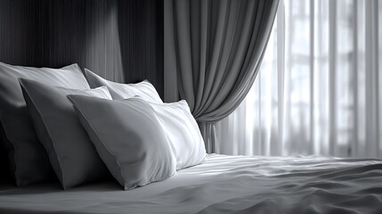 Minimal modern bedroom in luxury hotel with open curtain and blank pillow zone, soft natural daylight, ideal mockup concept for promotion, sale, or marketing design.
