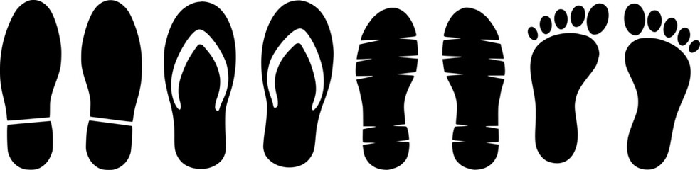 Footwear and Footprint Stroke Icon Collection — Featuring Shoe, Sandal, Boot, and Barefoot Silhouettes. Editable Stroke Outline Icon Set.
