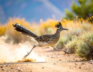 a roadrunner bird striding purposefully along a sandy path, kicking up a cloud of dust and scattering dry grass tufts