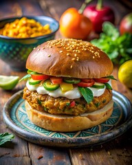 Photo of a mouthwatering gourmet burger overflowing with fresh ingredients like lettuce, tomato, cucumber, jalapenos, and melted cheese, served on a sesame seed bun