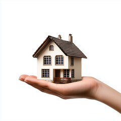 A miniature house rests gently on a hand, isolated on white background