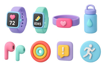 Colorful 3d fitness icons featuring smartwatch, water bottle, and more