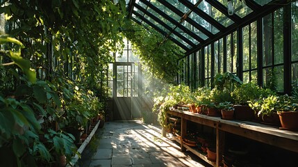 Bright green greenhouse interior filled with sunlight rays, glass walls and lush plants, one side left open for vertical layout, perfect for presentation cover, dashboard, and marketing template